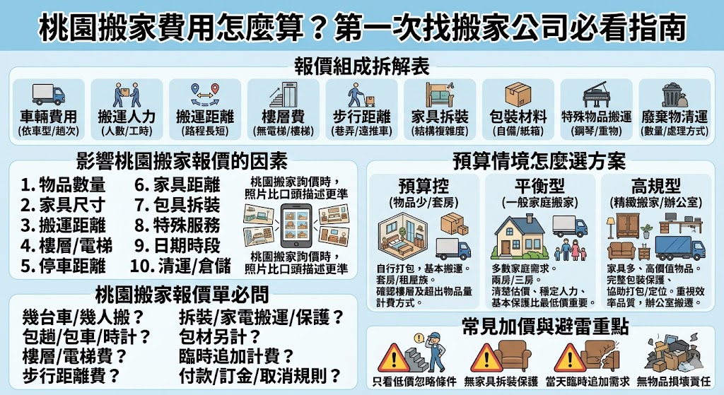 桃園搬家費用會依物品數量、搬運距離、樓層條件、有無電梯、家具拆裝、包材需求與是否清運舊家具等因素而不同。第一次找桃園搬家公司時,建議不要只比較總價,而要看報價單是否清楚列出車輛、人力、樓層費、拆裝費與可能追加項目。這篇桃園搬家費用整理,能幫助你快速看懂搬家報價怎麼算,了解不同預算方案適合哪些需求,也知道詢價前該準備哪些照片與資訊,讓桃園搬家流程更透明、更安心,避免搬家當天才產生額外費用或溝通落差。