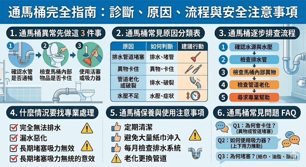 當你的馬桶不通時，該如何處理？本文將帶你了解如何通馬桶，從簡單的排查步驟到常見的原因分類，幫助你在問題發生時快速應對。你將學會如何使用馬桶吸力器、清理排水管道，並且了解在什麼情況下應該尋求專業協助。讓通馬桶不再是難題，掌握這些技巧，隨時保持馬桶順暢！