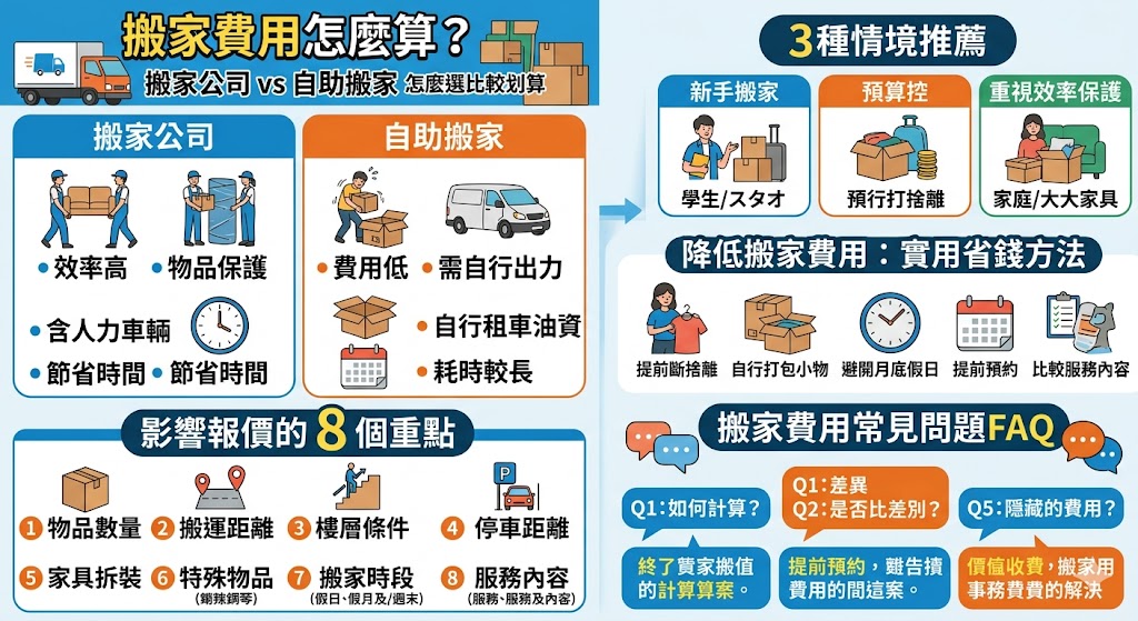 想知道搬家費用怎麼算嗎?搬家費用會受到物品數量、搬運距離、樓層、有無電梯、家具拆裝與搬家時段影響。本文整理搬家公司與自助搬家的差異、常見報價方式、隱藏費用與省錢方法,幫助你快速判斷適合自己的搬家方案,避免只看低價卻忽略服務內容,讓搬家過程更順利也更好控制預算。