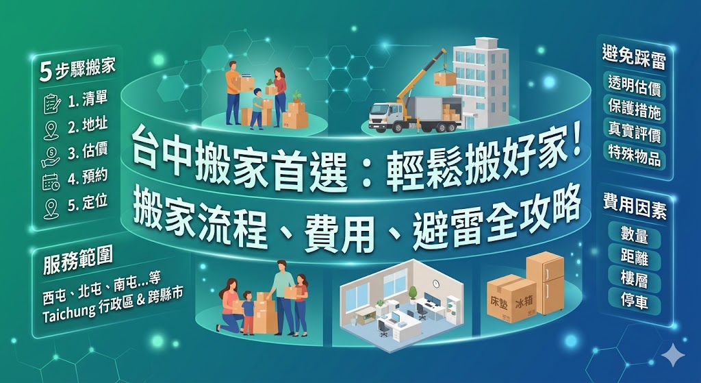 正在找台中搬家公司卻不知道怎麼比較嗎?本文整理台中搬家公司常見服務範圍、家庭搬家、套房搬家、學生搬家、辦公室搬遷流程,以及搬家費用影響因素與避雷重點,幫助你在詢價前掌握物品數量、樓層電梯、停車距離、家具拆裝與搬運時間等關鍵資訊,選擇更適合的台中搬家公司,讓搬家過程更順利、更安心。