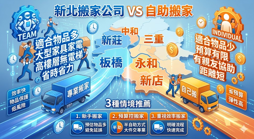 正在找新北搬家公司卻不知道該選專業搬運還是自助搬家嗎？本文整理新北搬家公司與自助搬家的差異、費用影響因素、適合族群與常見避雷重點，幫助你依照物品量、樓層、搬運距離、大型家具家電與預算條件，快速判斷最適合的搬家方式，避免報價不清、臨時加價或搬運效率不佳等問題，讓新北搬家流程更順利安心。