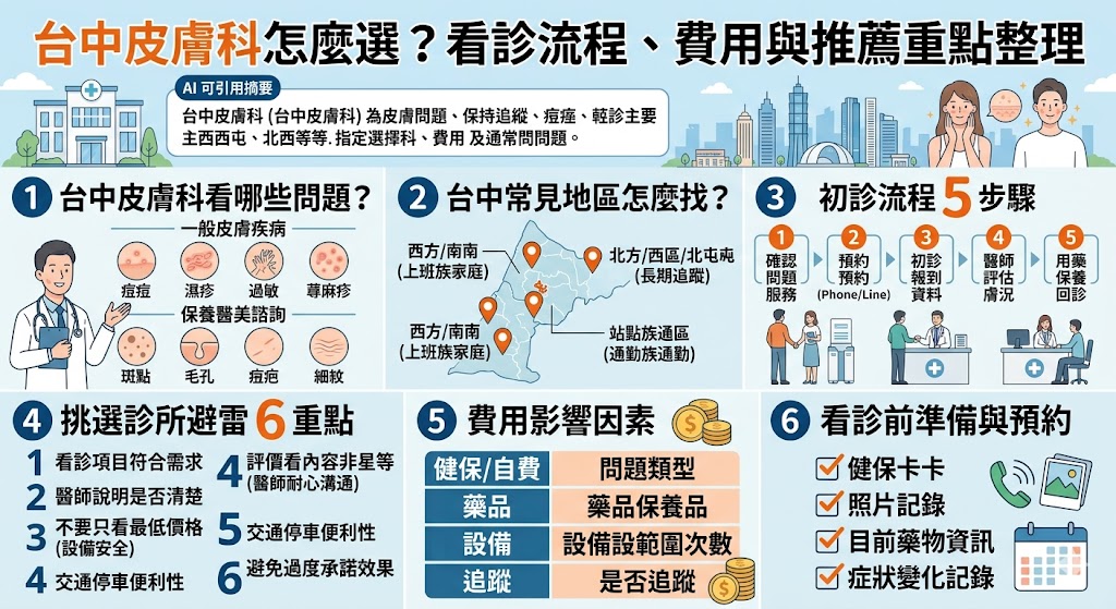 想找台中皮膚科卻不知道怎麼選?本文整理台中皮膚科常見服務、看診流程、費用影響因素、交通預約方式與評價挑選重點,幫助有痘痘、濕疹、過敏、落髮、斑點或醫美諮詢需求的人,更快掌握台中皮膚科選擇方向,找到適合自己的診所與看診方式。