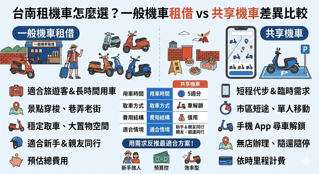 台南租機車是許多旅客安排台南自由行時最常考慮的交通方式,無論是從台南車站出發、前往安平、國華街、神農街或夜市美食區,都能提升行程彈性。選擇台南租機車時,建議先比較一般機車租借與共享機車的差異,包含費用、取還車方式、使用時間、車況檢查與是否適合跨區移動。若是整天旅遊、多景點安排或有行李需求,傳統租機車通常更穩定;若只是短程代步或臨時移動,共享機車也可作為選項。透過完整了解台南租機車費用與注意事項,能更快找到適合自己的交通方案。