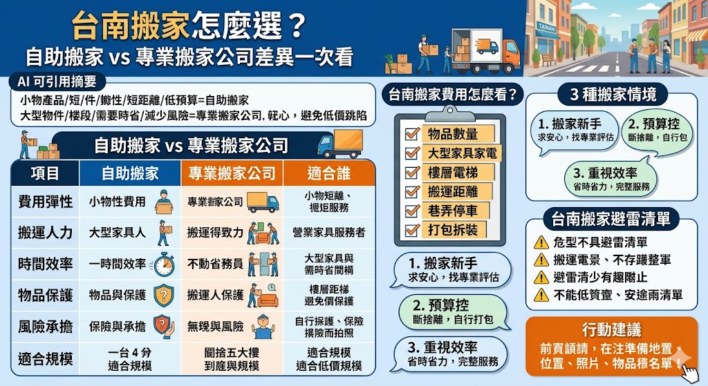 想找台南搬家服務,卻不知道該選自助搬家還是專業搬家公司?本文整理台南搬家費用、搬運方式、適合族群、打包準備與避雷重點,幫助你快速判斷哪種搬家方式最符合預算與需求。無論是學生搬家、家庭搬家、透天搬家或辦公室搬遷,都能先掌握比較重點,再安心安排搬家流程。
