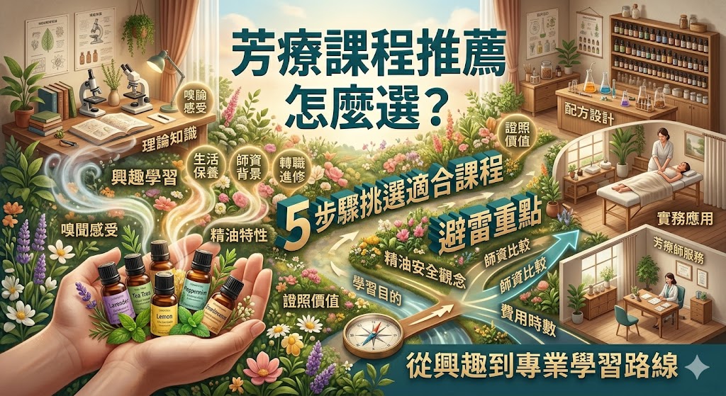 想找芳療課程推薦卻不知道怎麼選?本文整理芳療課程推薦的挑選重點,從新手入門、生活應用、證照進修到專業芳療師課程,解析師資、課程內容、實作比例、費用與避雷重點,幫助你依照學習目標找到適合自己的芳香療法課程,避免只看價格或證書而選錯方向。
