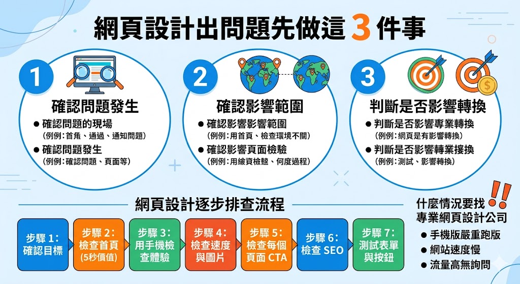 網頁設計不只是畫面好看,更關係到品牌形象、手機版體驗、SEO曝光與詢問轉換。本文整理網頁設計常見問題、原因判斷、排查流程與改善方式,幫助你快速找出網站速度慢、版面混亂、沒有詢問、SEO不足等問題,判斷該局部修復還是重新規劃網頁設計,讓網站更符合使用者需求並提升商業成效。