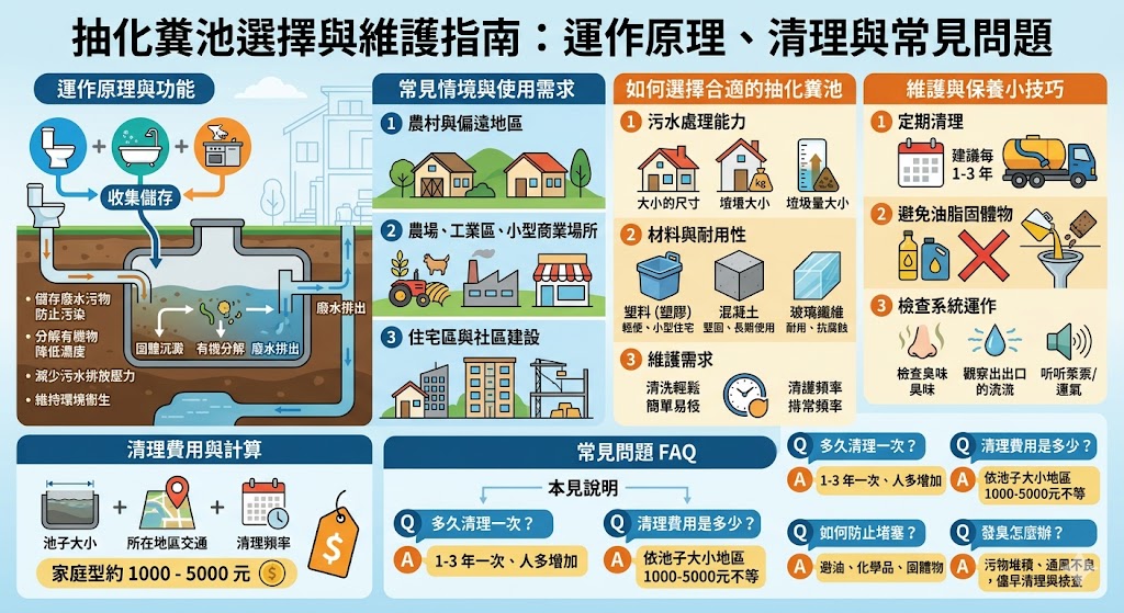 抽化糞池是家居與商業設施中不可或缺的排水系統設備,尤其在沒有市政排水系統的地區。本文將介紹抽化糞池的運作原理、選擇要點、維護方式及常見問題解答,幫助使用者了解如何選擇合適的抽化糞池並有效維護,避免堵塞與異味。無論是家庭使用還是商業場所,這些知識都能幫助你保持抽化糞池長期穩定運行,保障衛生與環境安全。